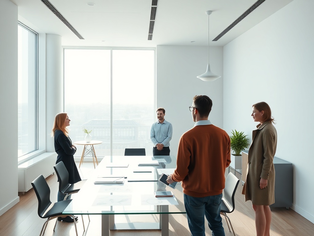 A sweeping view of a minimalist Scandinavian office space bathed in natural light from floor-to-ceiling windows. A diverse team of three people stands near a glass meeting table covered with digital tablets and paper sketches. The atmosphere is calm yet innovative. Photorealistic, 8k, commercial photography style.