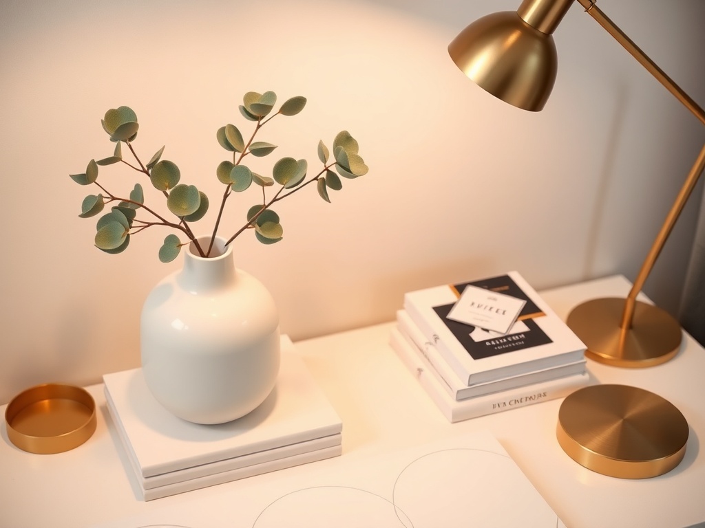 a white ceramic vase with eucalyptus, a stack of minimalist books, and a brass desk lamp. Soft, diffused lighting. Photorealistic, 8k, commercial photography style.