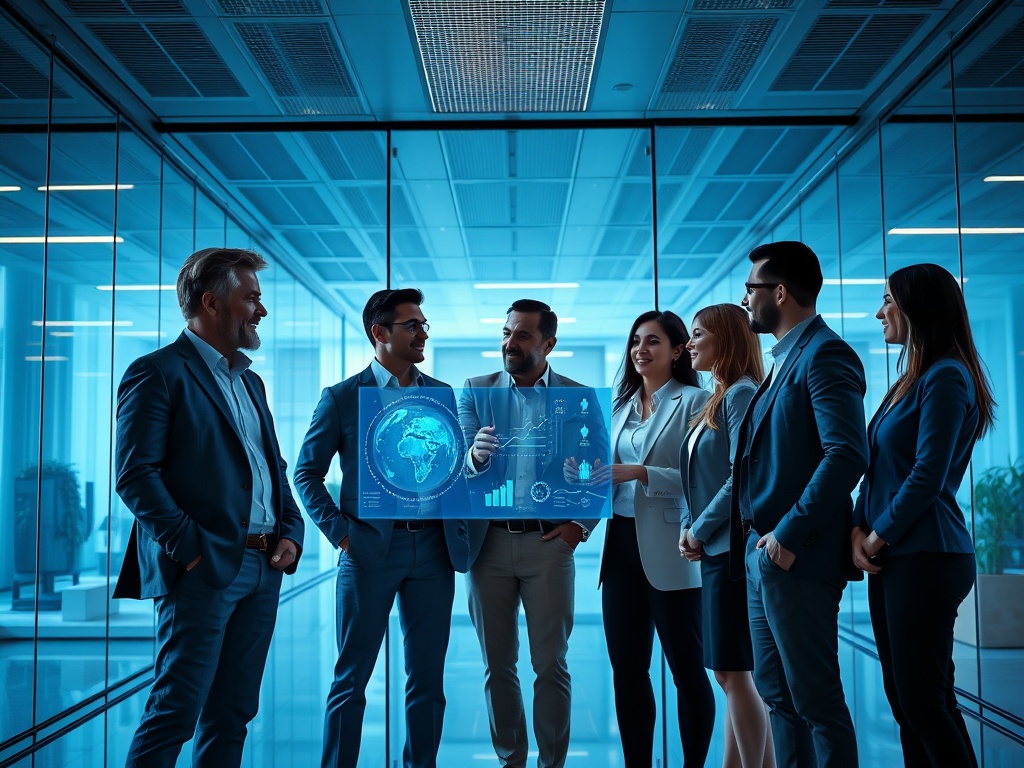 A diverse group of five professionals stands in a modern glass boardroom with an open ceiling. They are engaged in a lively discussion, one gesturing toward a holographic data display. Cool blue tones with warm accent lighting. Photorealistic, 8k, commercial photography style.