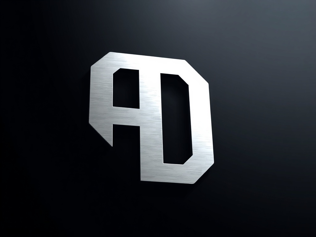 A clean, geometric logo mark: a stylized 'D' and 'A' interlocking, with a subtle digital circuit pattern. Minimalist, silver finish on a dark background. Photorealistic, 8k, product photography.